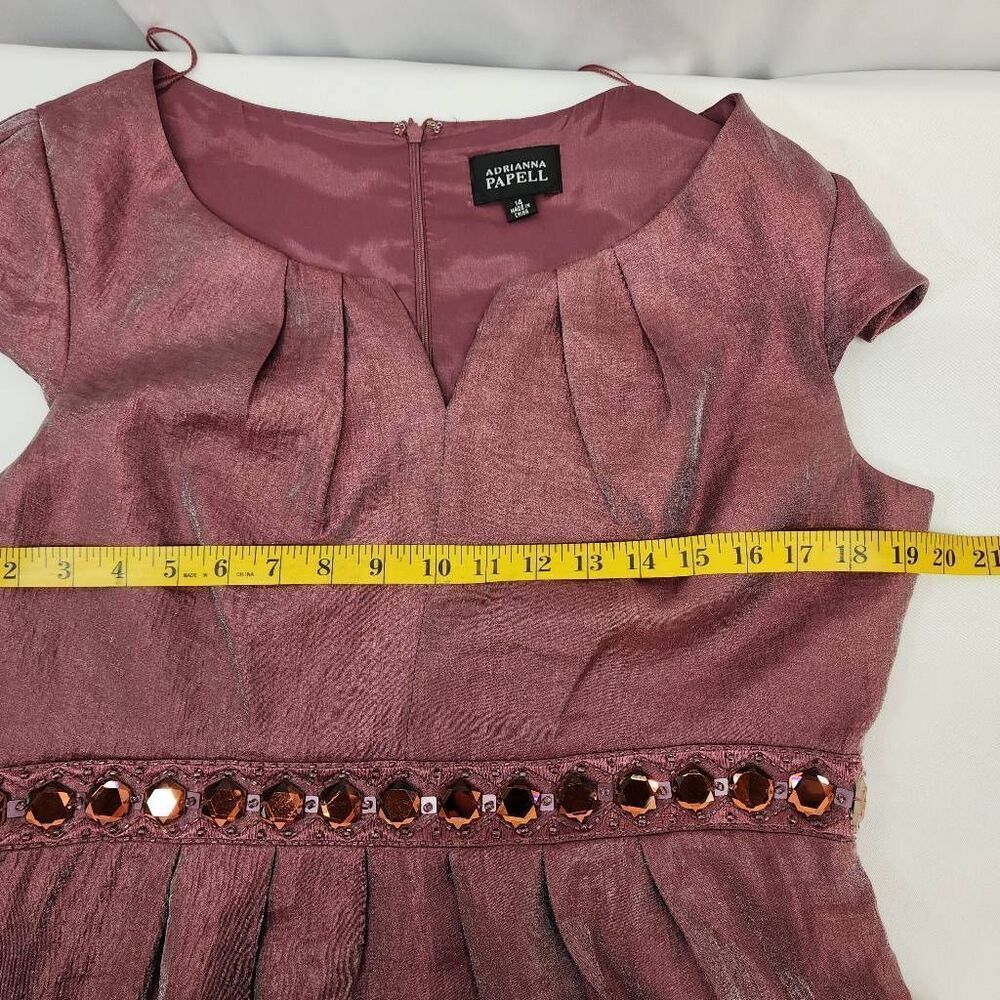 Adrianna Papell Pink Shimmer Dress Short Sleeve Shantung Size 14 Embelished Wais - Picture 4 of 7